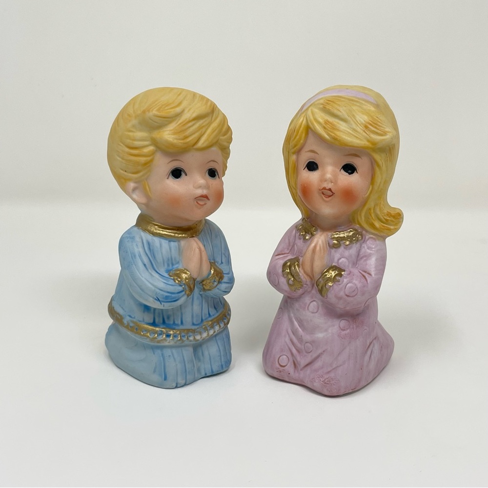 Vintage Praying Children Figurines Set Boy Girl Blonde Ceramic Hand Painted